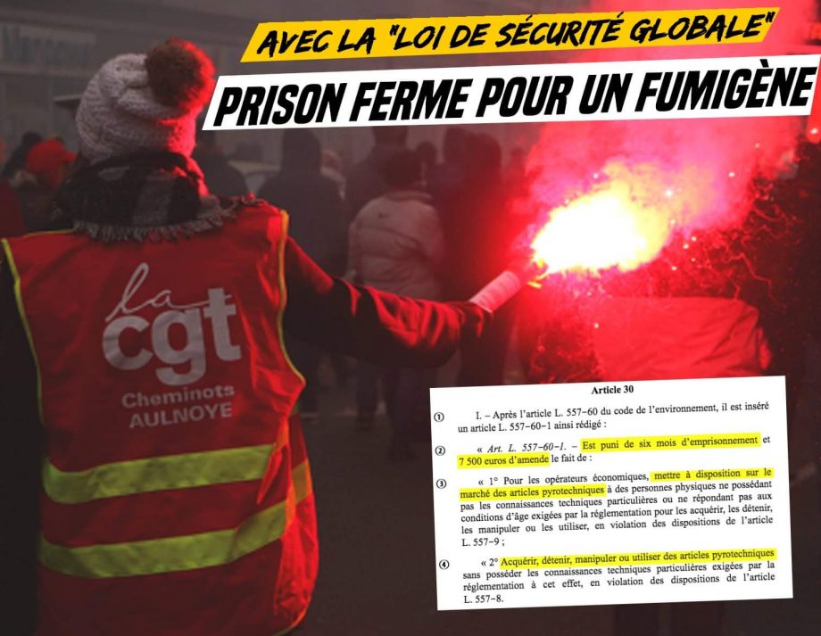 Avec la « loi de sécurité globale » : prison ferme pour des fumigènes !