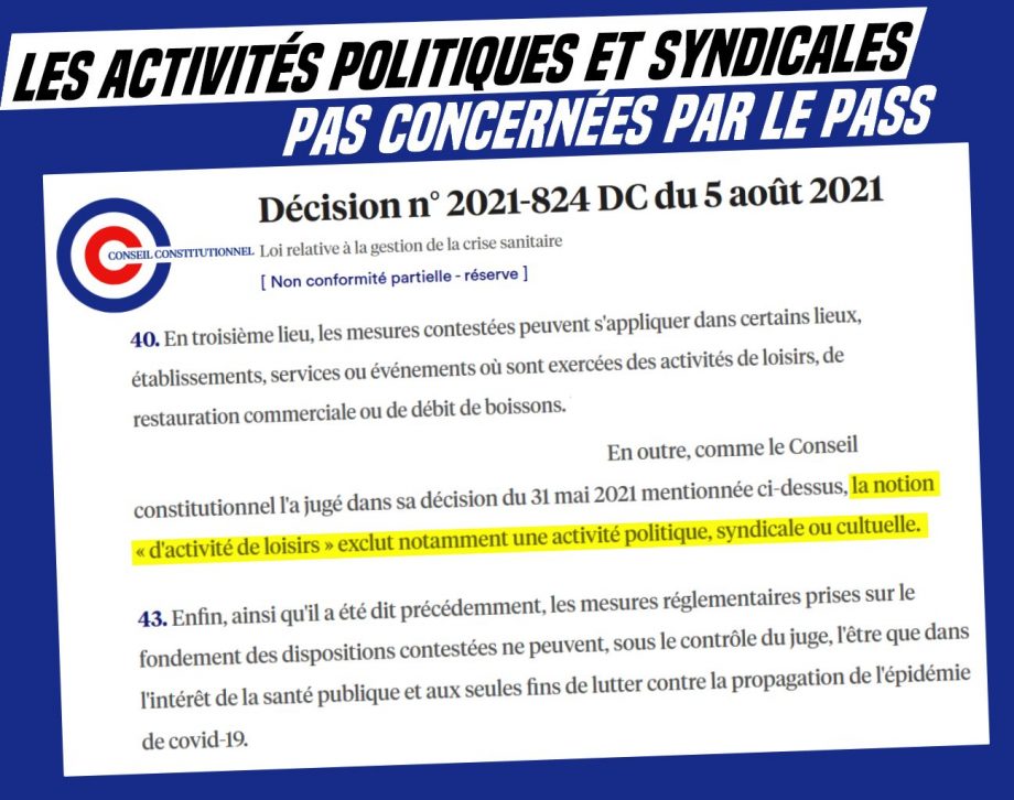 Le Pass Sanitaire ne concerne pas les réunions « politiques, syndicales ou cultuelles »