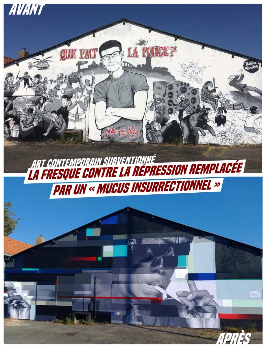 La fresque contre la répression remplacée par un «mucus insurrectionnel» selon l’auteur du recouvrement