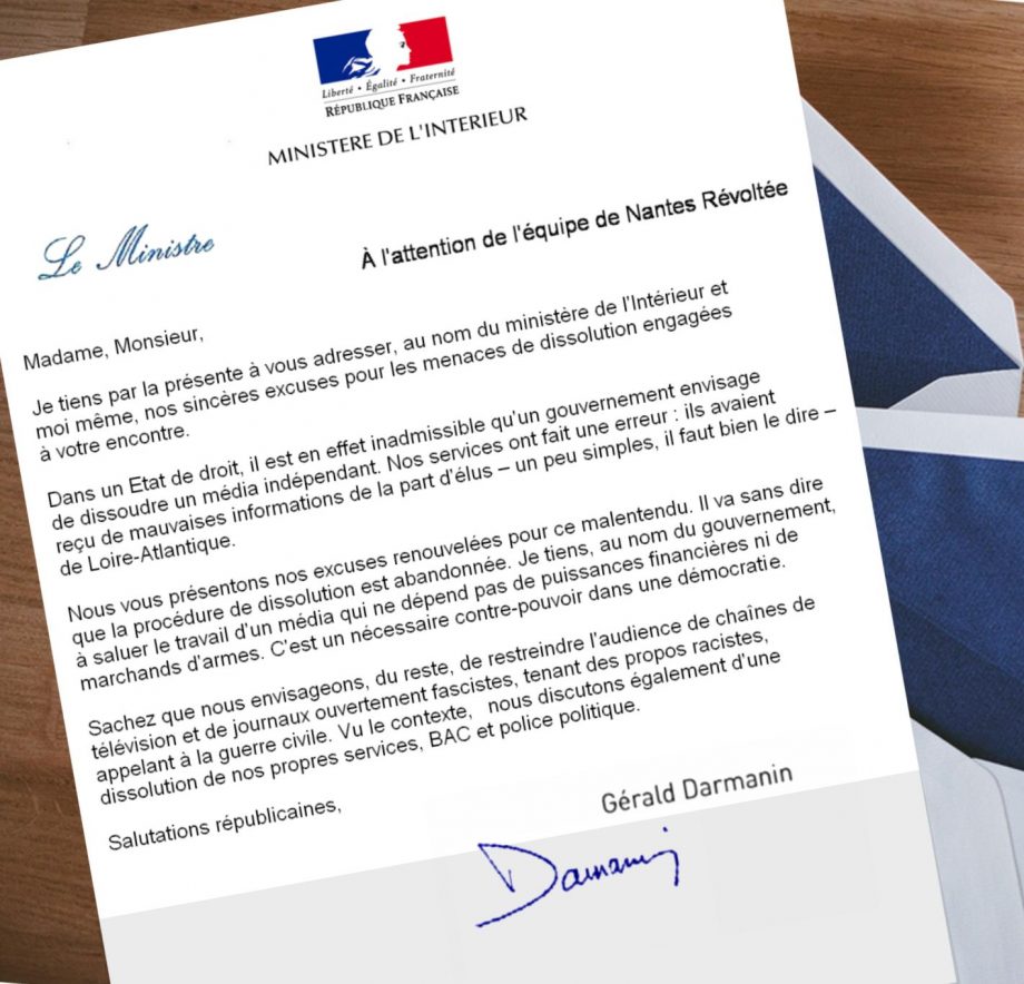 Le Ministère de l’Intérieur écrit à Nantes Révoltée !