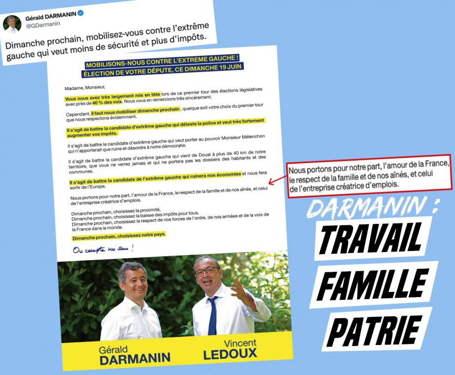 Tract de Darmanin contre « l’extrême gauche » : « Travail, famille, patrie »