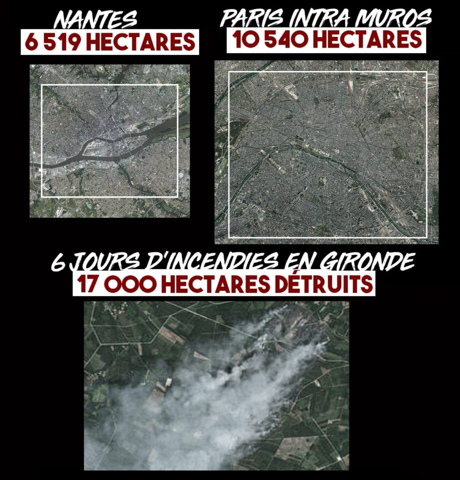Incendie en Gironde : la surface détruite dépasse celle de Paris et Nantes Réunis !