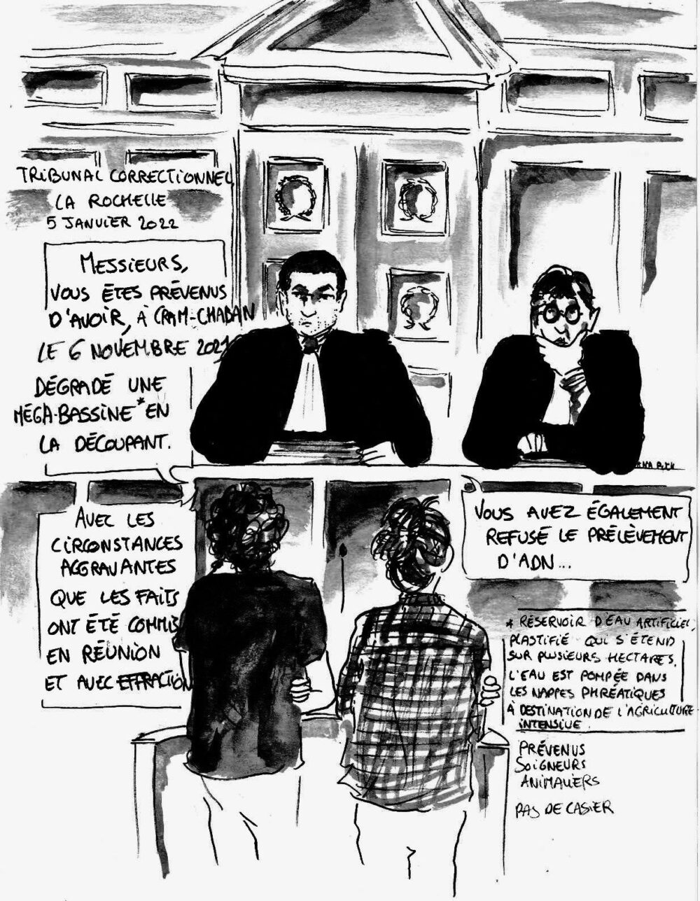 Reportage dessiné au procès des opposants aux mégabassines
