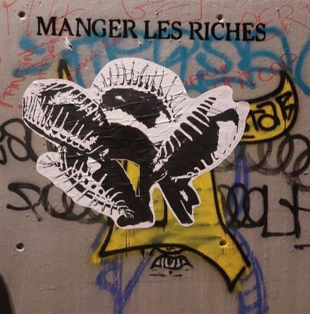 Collage représentant des fleurs carnivores, inscription "Manger les riches"