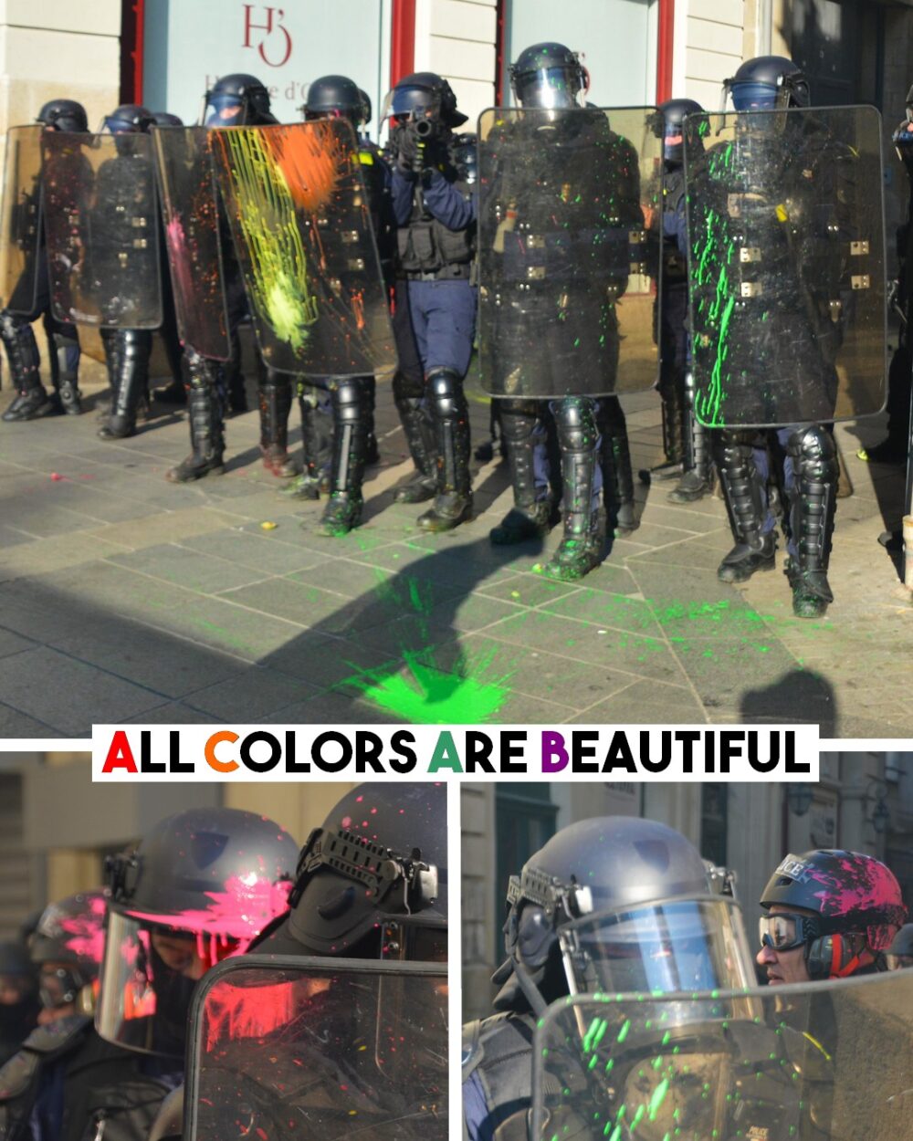policiers tachés de peinture jaune, verte et rose. Avec l'inscription "All colors are beautiful"