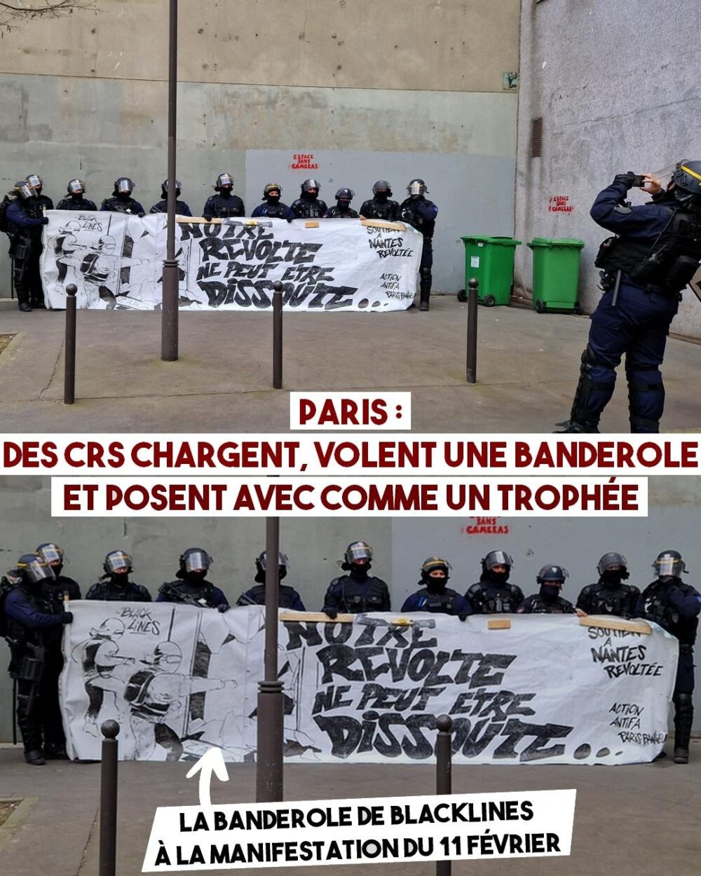 A PARIS DES CRS VOLENT UNE BANDEROLE ET POSENT AVEC COMME UN TROPHÉE
