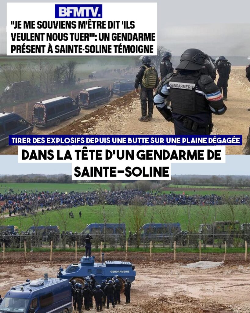 Deux photos de la manifestation de Sainte-Soline prises du côté gendarmes : une vue dégagée et un climat relaxant, d'où l'on observe une foule lointaine.