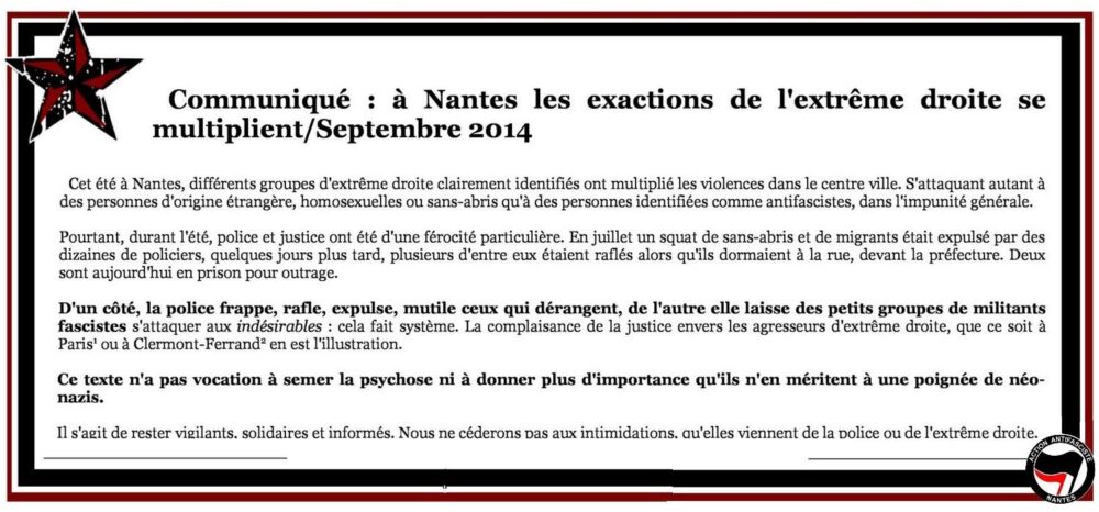 Communiqué : à Nantes les exactions de l’extrême droite se multiplient
