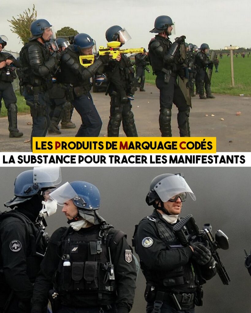 Deux photos de gendarmes munis d'un fusil à PMC à Sainte-Soline