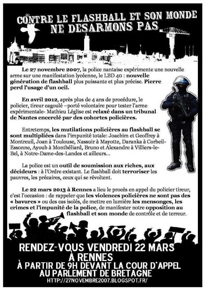 Rennes : contre le flashball et son monde, ne désarmons pas !