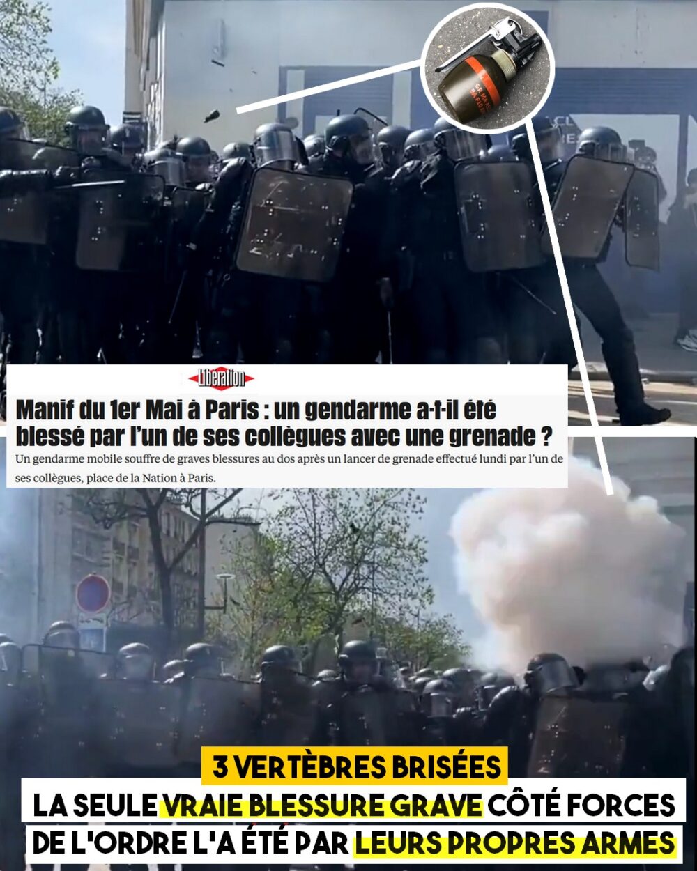 Grenade assourdissante : 3 vertèbres brisées pour un gendarme le 1er mai