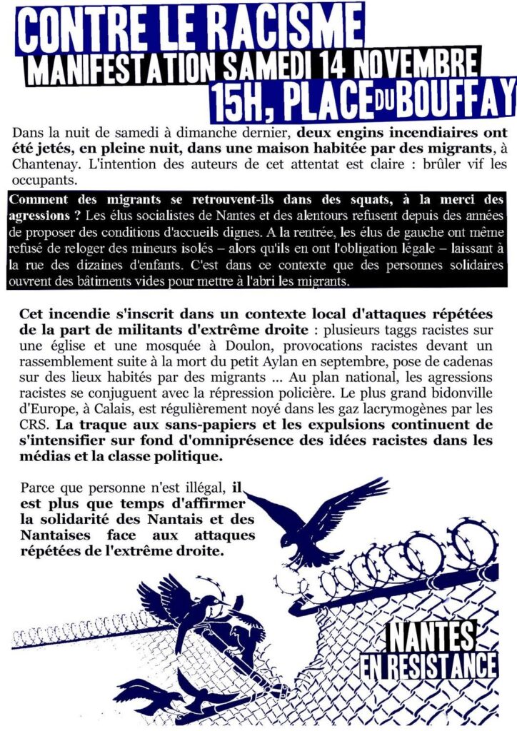 Le tract d'appel à la manifestation contre le racisme à Nantes