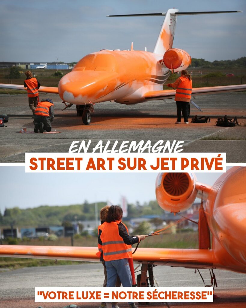 Image d'activistes repeignant un jet en orange sur un tarmac