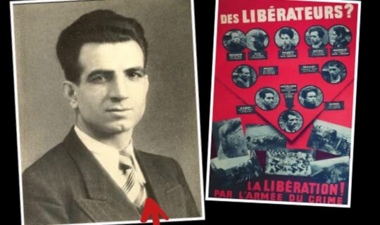 À gauche : portrait de Missak Manouchian À droite : l'affiche rouge, liste de terroristes aux yeux du régime nazi, où Manouchian figure en bonne place.À gauche : portrait de Missak Manouchian À droite : l'affiche rouge, liste de terroristes aux yeux du régime nazi, où Manouchian figure en bonne place.