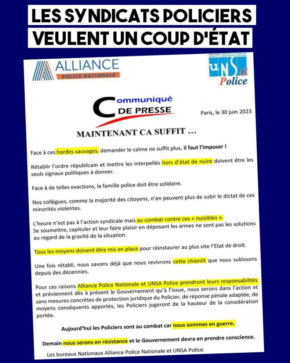 Nous sommes en guerre : les syndicats policiers rêvent de coup d’État
