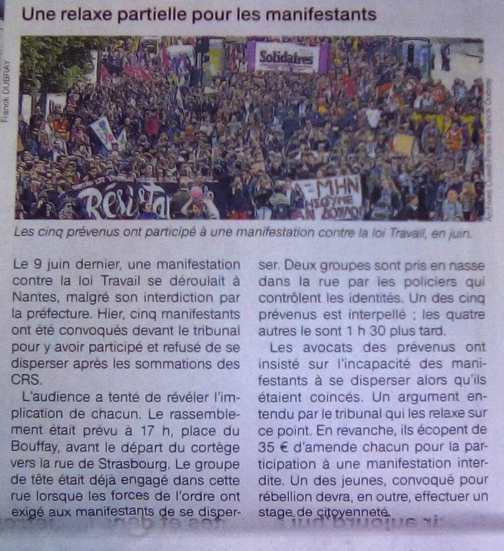 Procès des manifestations interdites à Nantes : camouflet pour la police