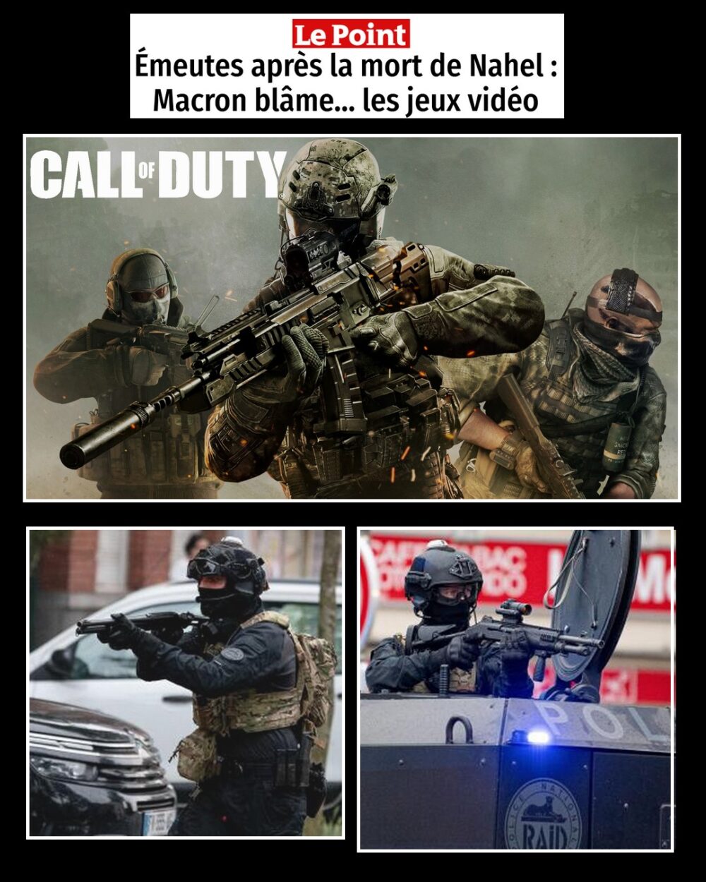Images du jeu vidéo "Call of duty" et du RAID prises ces derniers jours : l'inspiration est la même.