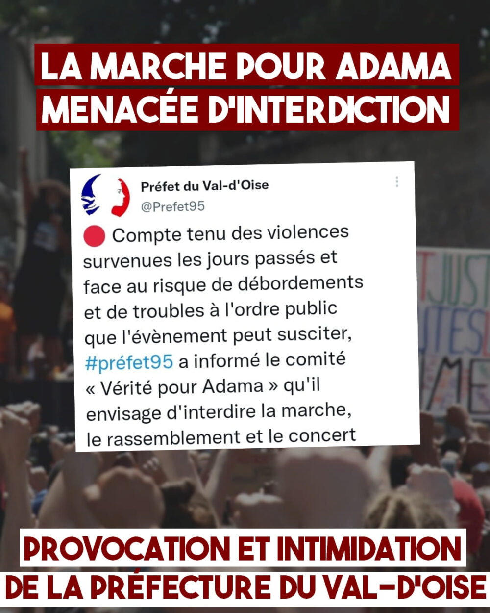 Marche pour Adama : le préfet du Val-d’Oise menace d’interdire la manifestation