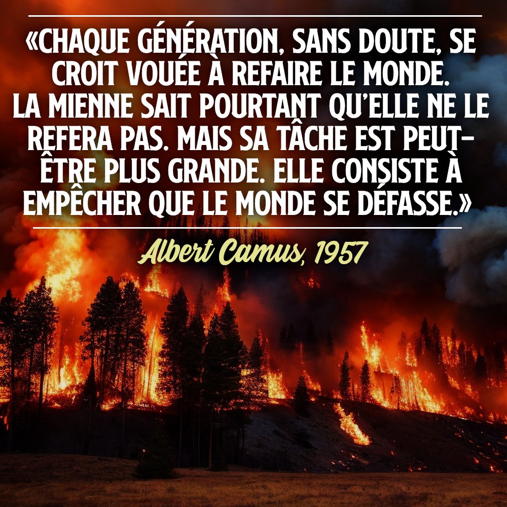 Sur fond d'une forêt qui brûle, la citation d'Albert Camus en 1957 : «Chaque génération, sans doute, se croit vouée à refaire le monde. La mienne sait pourtant qu’elle ne le refera pas. Mais sa tâche est peut-être plus grande. Elle consiste à empêcher que le monde se défasse.»