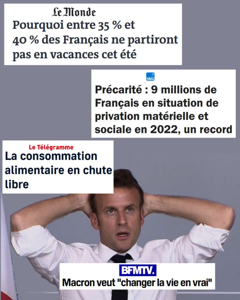 Macron, en chemise blanche et cravate, met les mains derrière la tête. Il a l'air d'avoir chaud et le regard cocaïné.