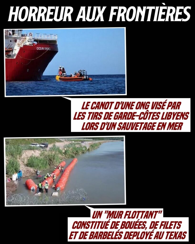 En haut : le canot d'une ONG visé par les tirs de garde-côtes libyens lors d'un sauvetage en mer
En bas : un "mur flottant" constitué de bouées, de filets et de barbelés déployé au Texas