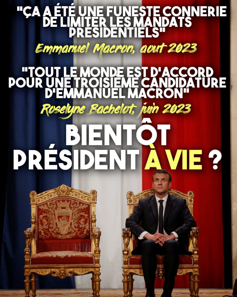 Macron assis sur son trône devant un fond tricolore