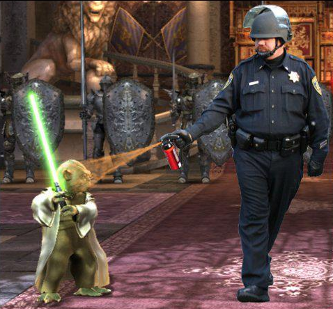 Un policier américain gaze Yoda, le héro Jedi de Star Wars.