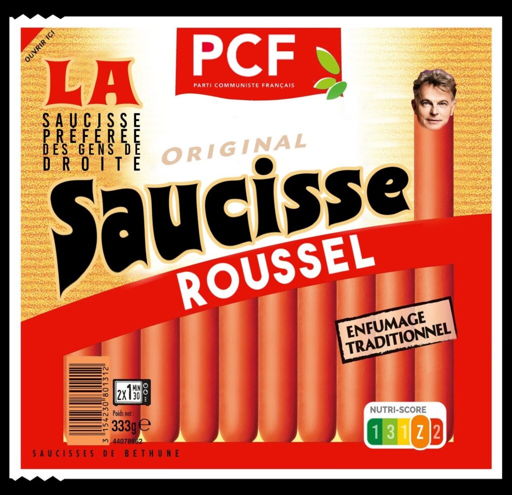 Détournement d'un sachet de Knacky représentant Fabien Roussel en saucisse.