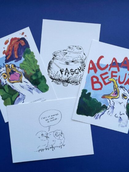 Lot de 4 cartes postales par Hervée Carte ACAB + Monter en l’air + explosion + fable de la grenouille
