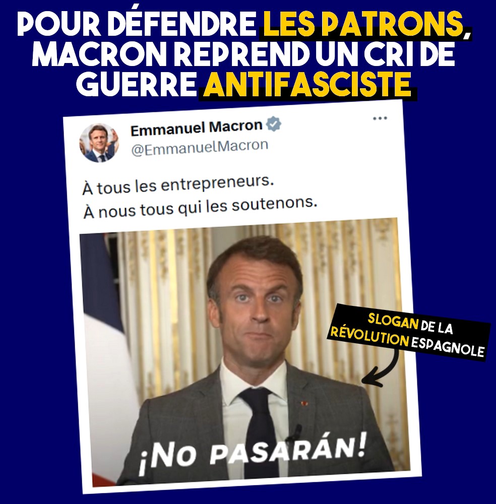 Capture d'écran de Macron prononçant les mots "No pasaran"