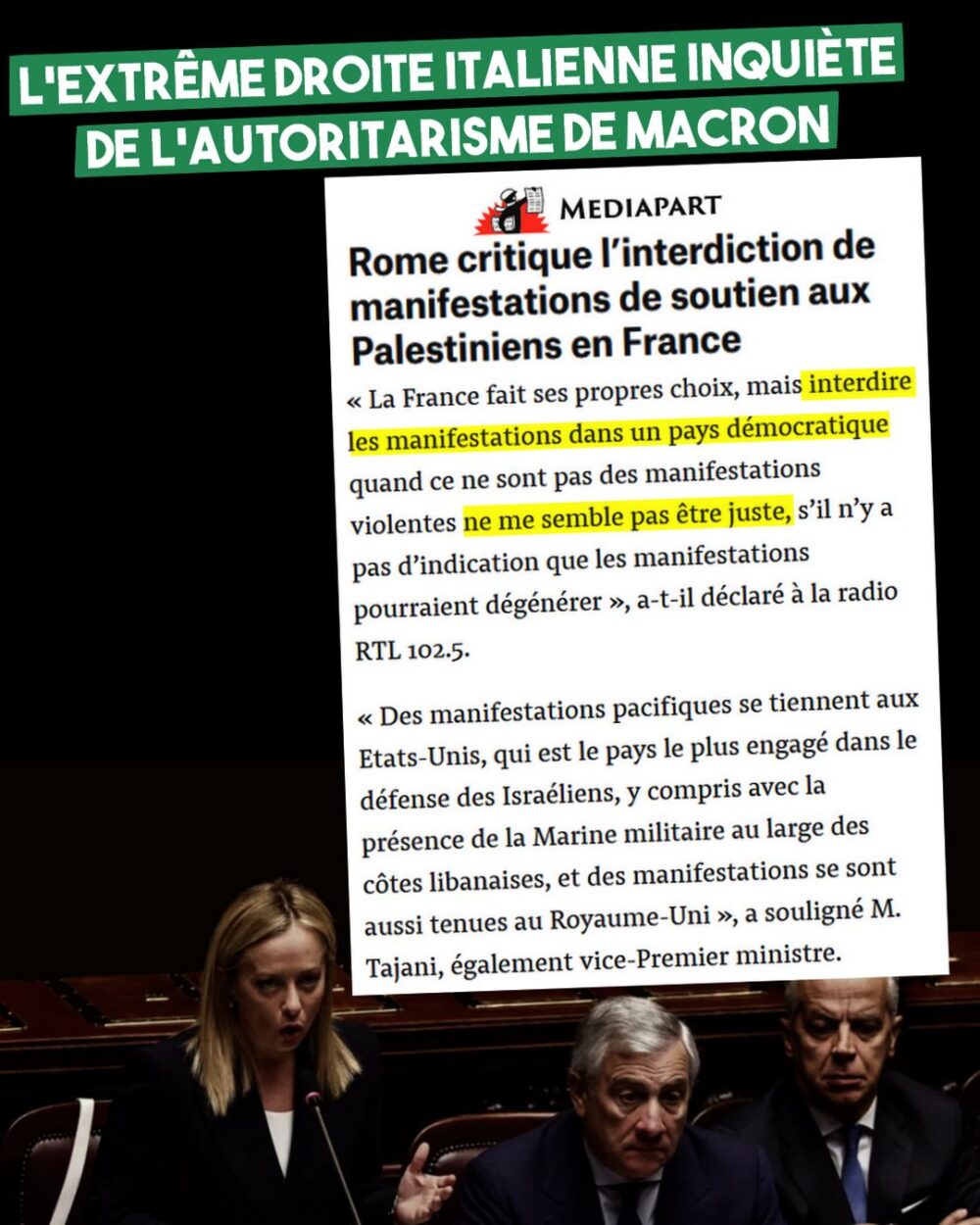 Quand même l’extrême droite italienne s’inquiète de la répression en France