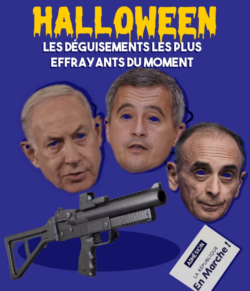 Des masques reprenant les visages de Netanyahou, Darmanin et Zemmour, avec un LBD et une carte d'adhésion à LREM