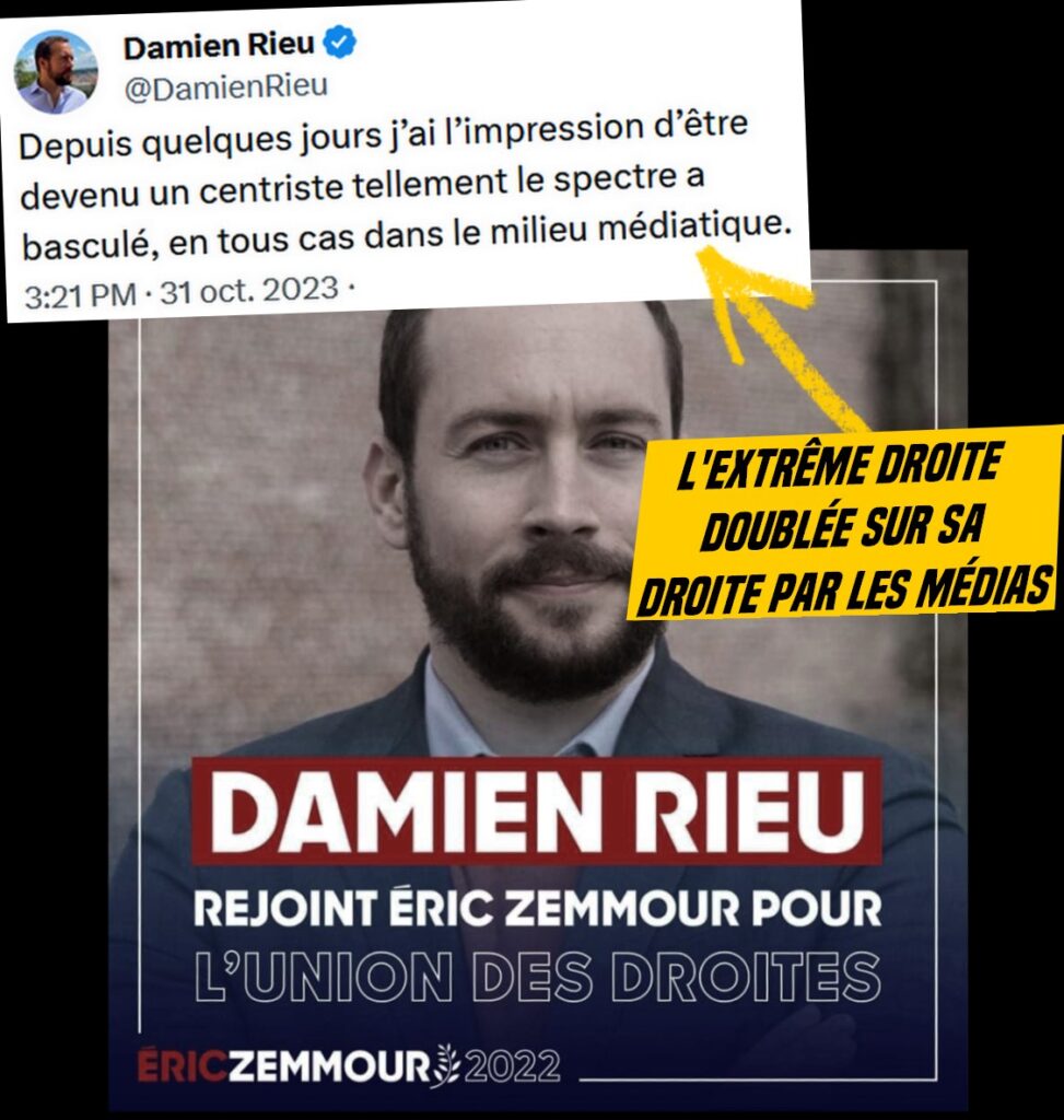 L'affiche présentant Damien Rieu et son soutien à Zemmour en 2022, avec la citation de son tweet "«Depuis quelques jours j’ai l’impression d’être devenu un centriste tellement le spectre a basculé, en tous cas dans le milieu médiatique».