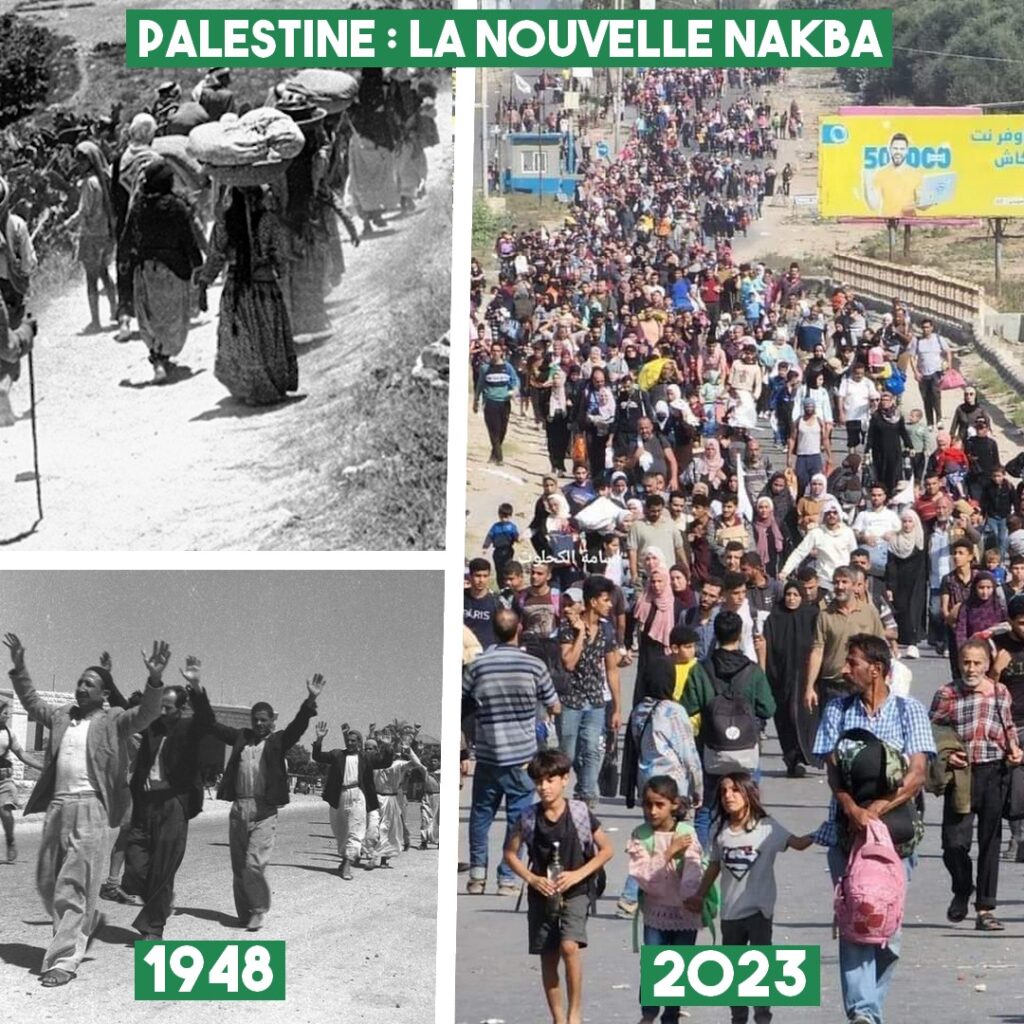 À gauche des images de la Nakba en 1948.
À droite des milliers de Palestiniens marchent sur la route pour fuir les bombardements.