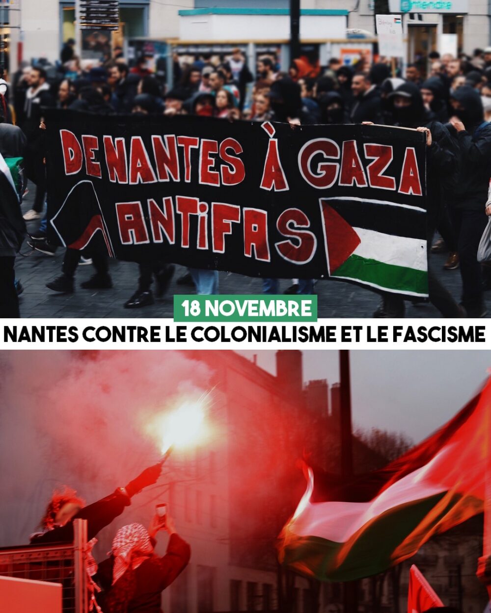 À la manifestation de Nantes du 18 novembre : un fumigène et une banderole pour Gaza.