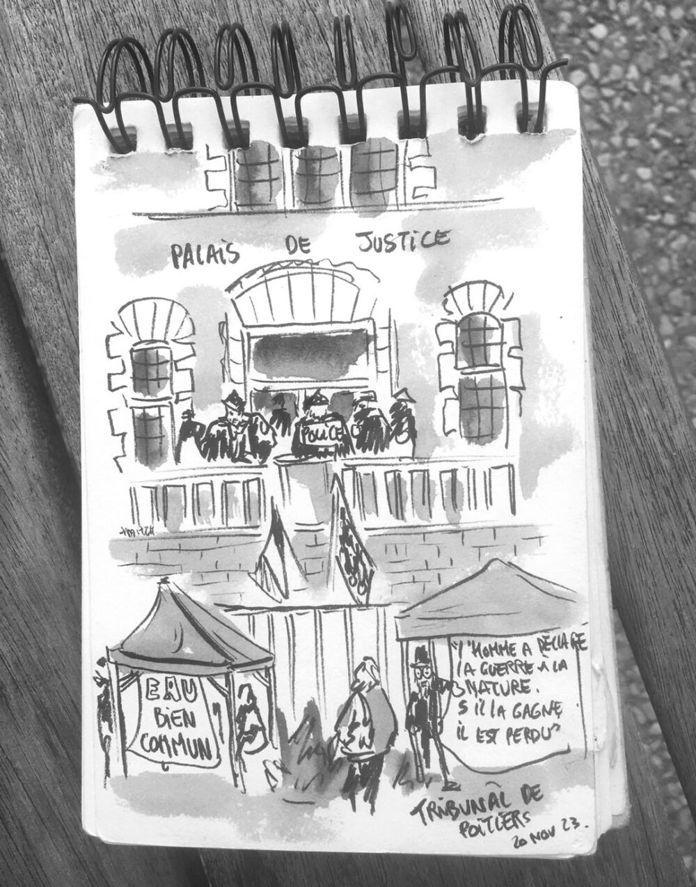 Au palais de Justice de Poitiers, Ana Pich a dessiné le procès de Loïc, militant arrêté à Sainte-Soline