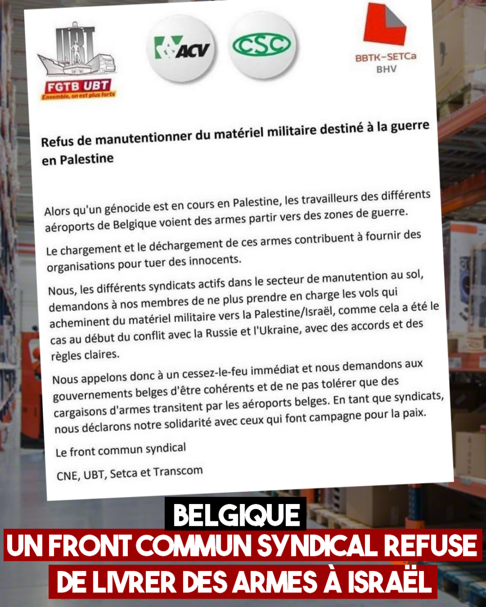 Belgique : les syndicats refusent de livrer des armes à Israël