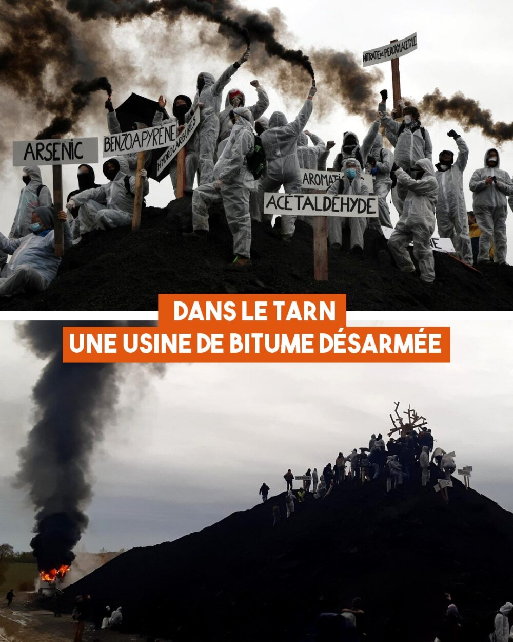 Des manifestants brandissent des fumigènes noirs en haut d'un monticule de bitume, tandis qu'un algeco du chantier part en fumée.