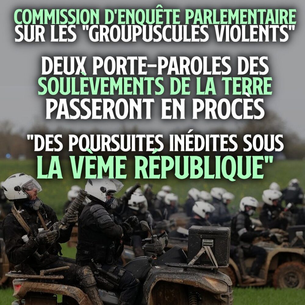 Commission d’enquête parlementaire sur les « groupuscules violents » : deux membres des Soulèvements de la Terre poursuivis