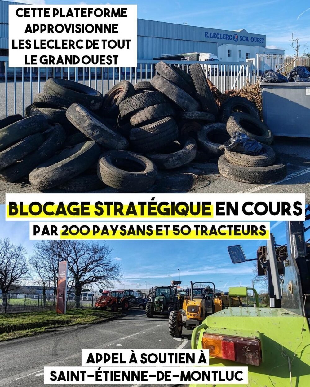 Action en cours : blocage d’une plateforme Leclerc près de Nantes