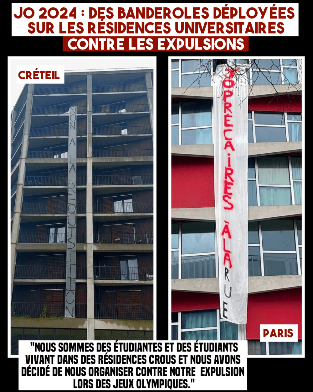 JO 2024 : des banderoles étudiantes déployées contre les expulsions