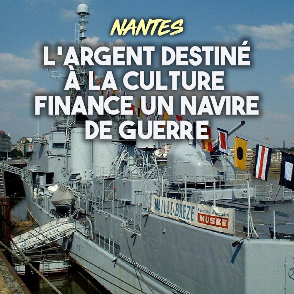 Sur un quai de la Loire, à Nantes, se trouve un bateau de guerre : le Maillé-Brézé, vestige honteux du militarisme qui pollue le paysage.