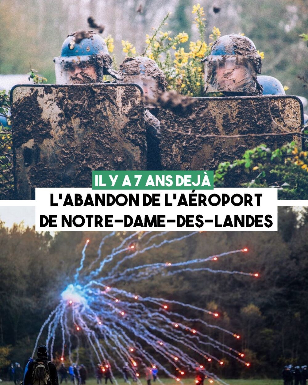 Des gendarmes à la ZAD de Notre-Dame-des-Landes, qui reçoivent de la boue et des feux d'artifices contre les expulsions.