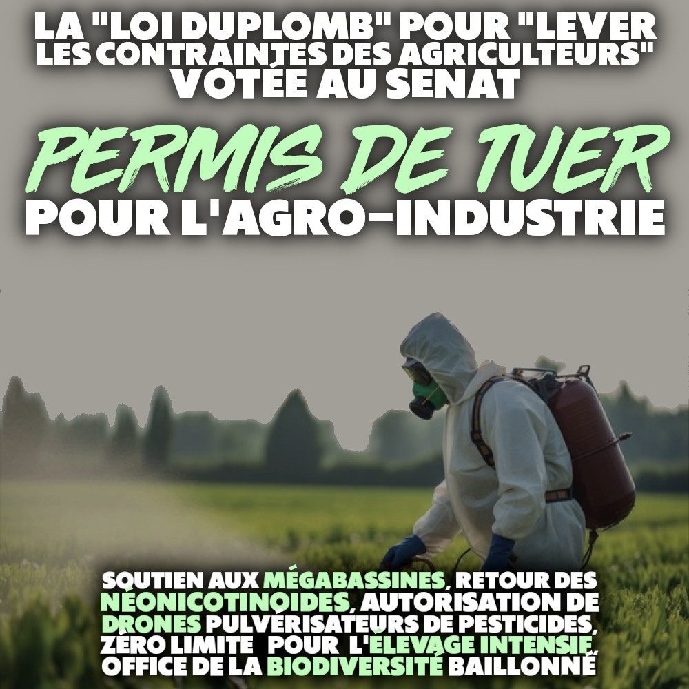 Un agriculteur en combinaison disperse un pesticide sur un champ : l'agro-industrie a le droit de tuer le vivant.