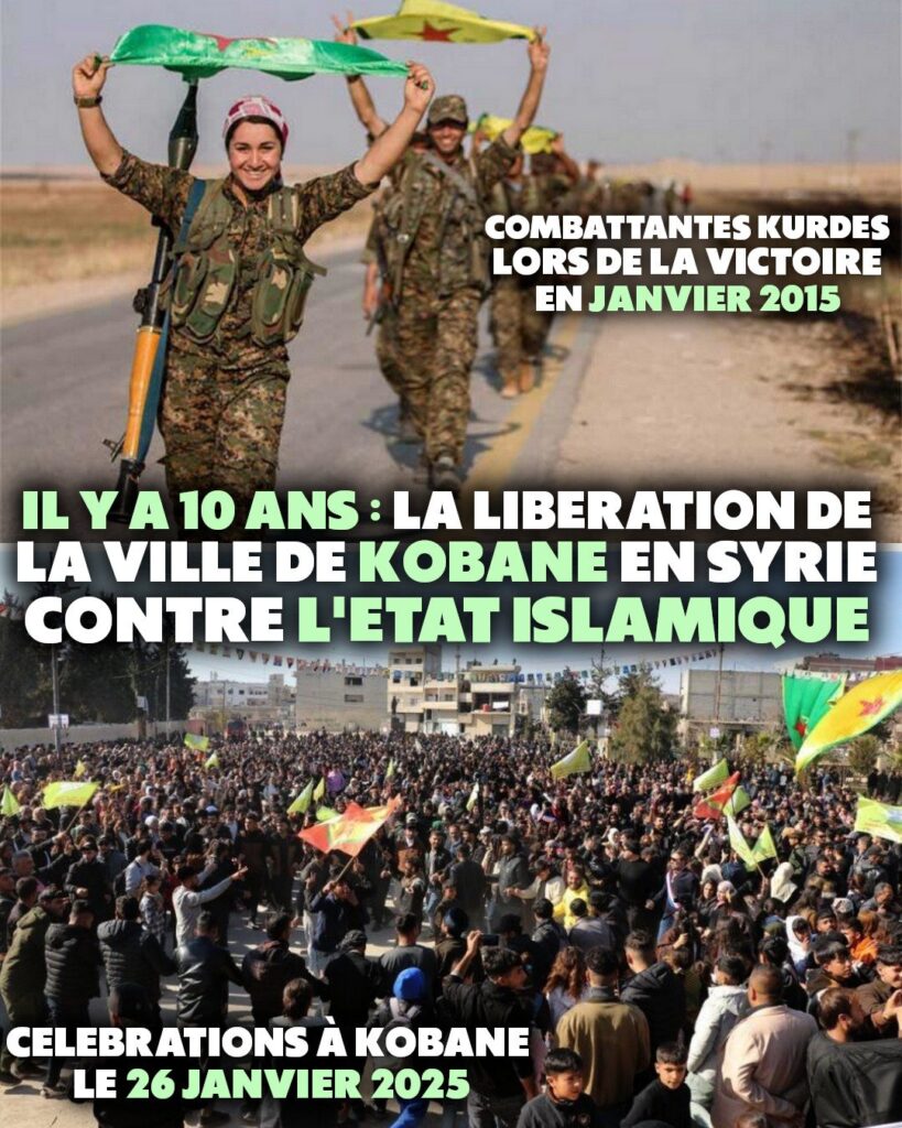 En haut : des combattantes Kurdes lors de la victoire en janvier 2015.
En bas : les célebrations à Kobané le 26 janvier 2025.