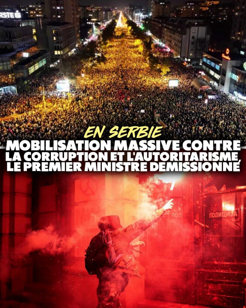 En haut : une foule immense manifeste en Serbie.
En bas : Une personne jette un fumigène sur un barrage policier.