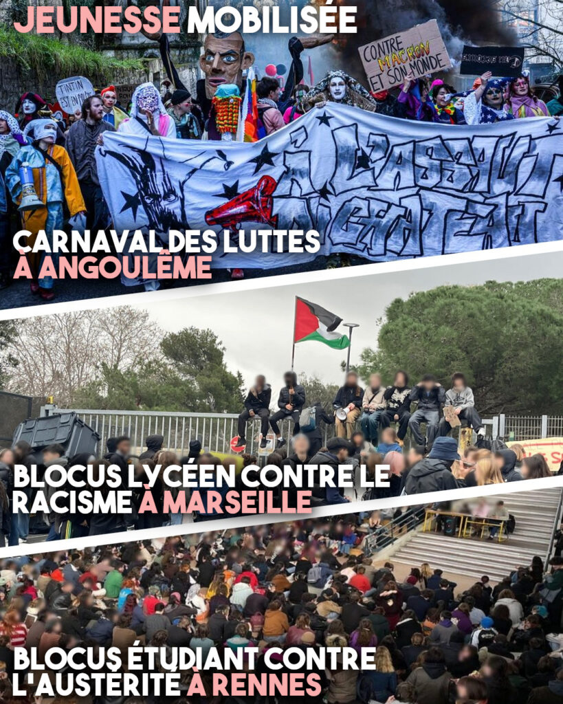 Les mobilisations de la semaine dans la jeunesse : Carnaval des luttes à Angoulême, blocus lycéen à Marseille et blocus étudiant à Rennes.