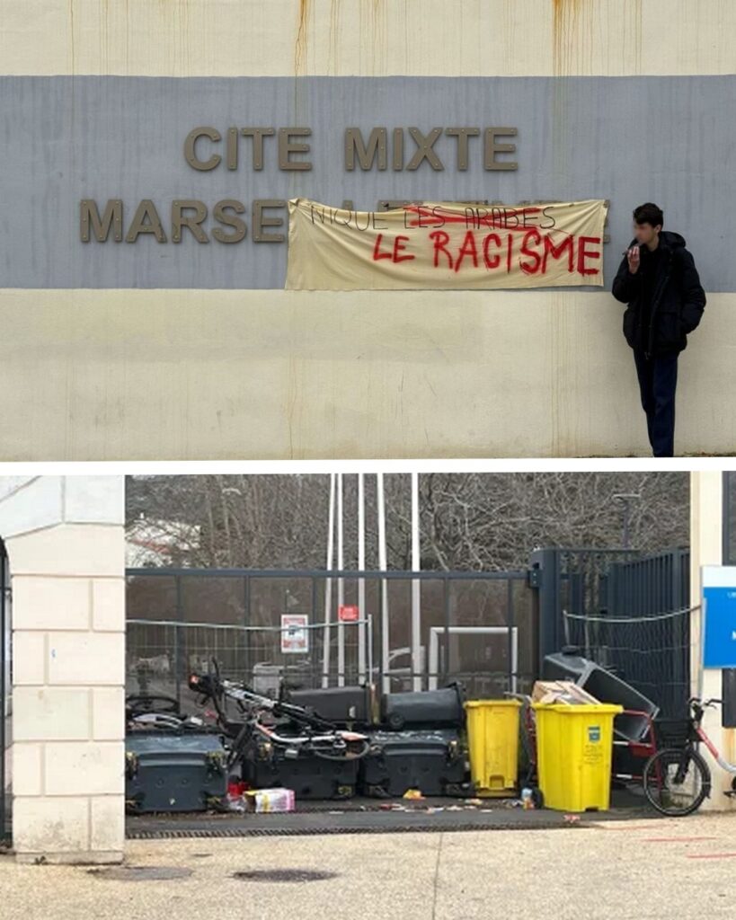 Une banderole proclame "nique le racisme" sur un lycée de Marseille et un portail est bloqué par des poubelles à l'université Rennes 2.