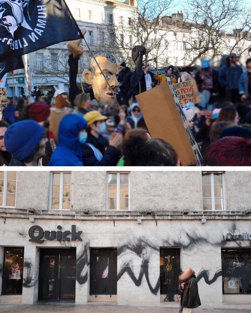 Une grosse tête représentant Macron et un Quick repeint en noir lors du carnaval des luttes à Angoulême.