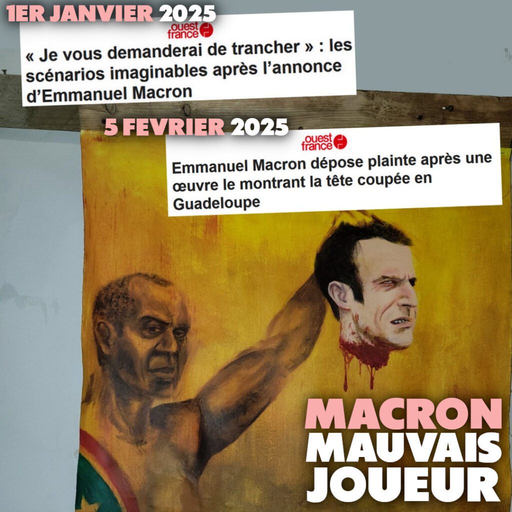 L'œuvre de blow dans une exposition sur le chlordécone : un homme noir tenant à bout de bras la tête décapitée d'Emmanuel Macron